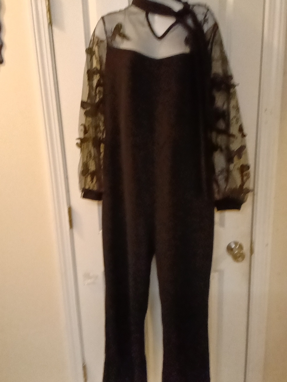 SHEIN CURVE Black Sheer-Sleeve Jumpsuit with Floral Mesh Detail SIZE 1XL